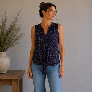 Lucky Brand Navy Paisley Tie Waist Top Medium